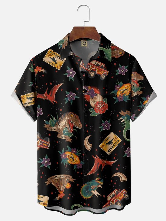 Moisture Wicking Dinosaur Chest Pocket Hawaiian Shirt