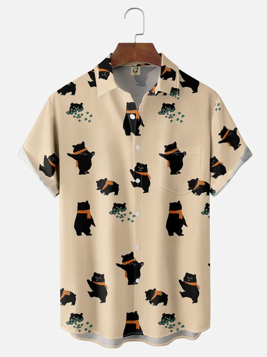 Moisture-wicking Funny Bear Illustration Chest Pocket Casual Shirt