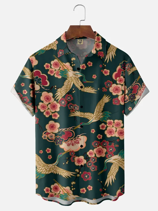 Moisture-wicking Red Crowned Crane Cherry Blossom Chest Pocket Casual Shirt