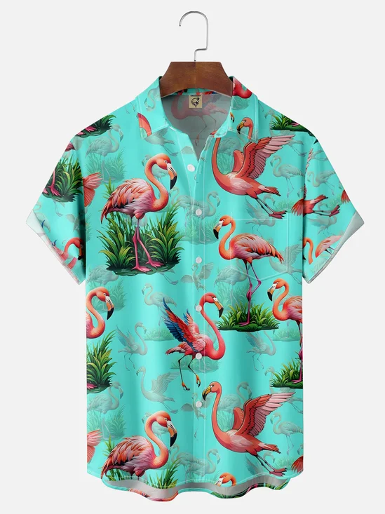 Moisture Wicking Floral Flamingo Chest Pocket Hawaiian Shirt