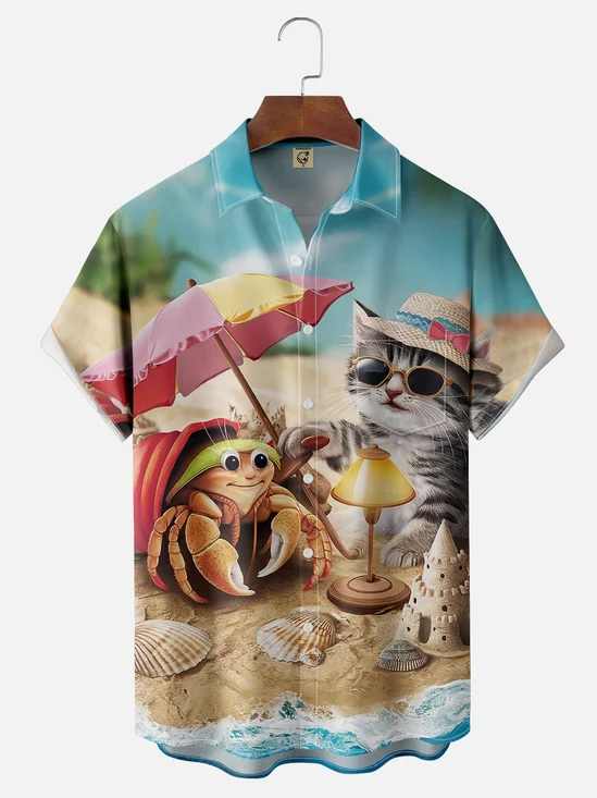 Moisture-wicking Hermit Crab Cat Vacation Beach Fun Chest Pocket Hawaiian Shirt