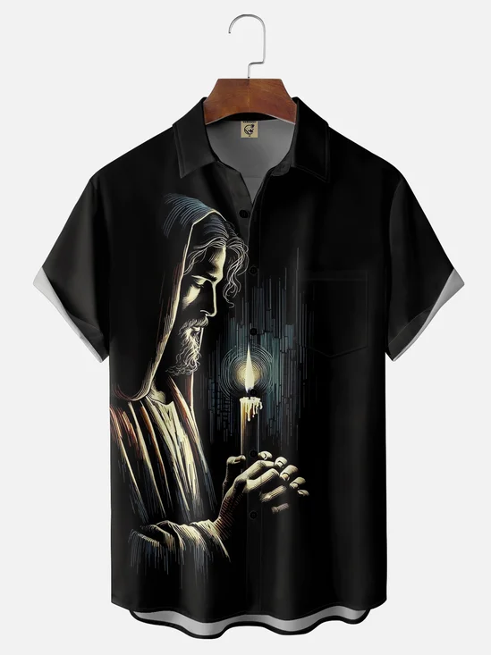 Moisture-wicking Religious Jesus Prayer Art Chest Pocket Casual Shirt