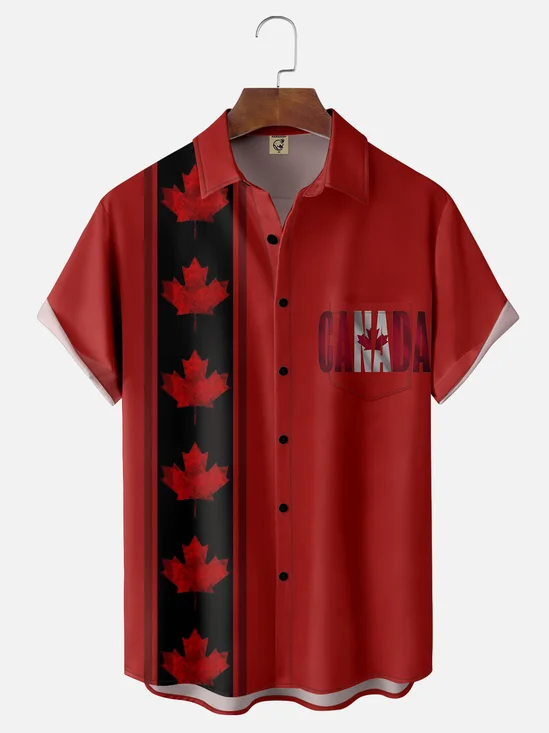 Moisture-wicking Canada Day Maple Leaf Art Red Chest Pocket Bowling Shirt