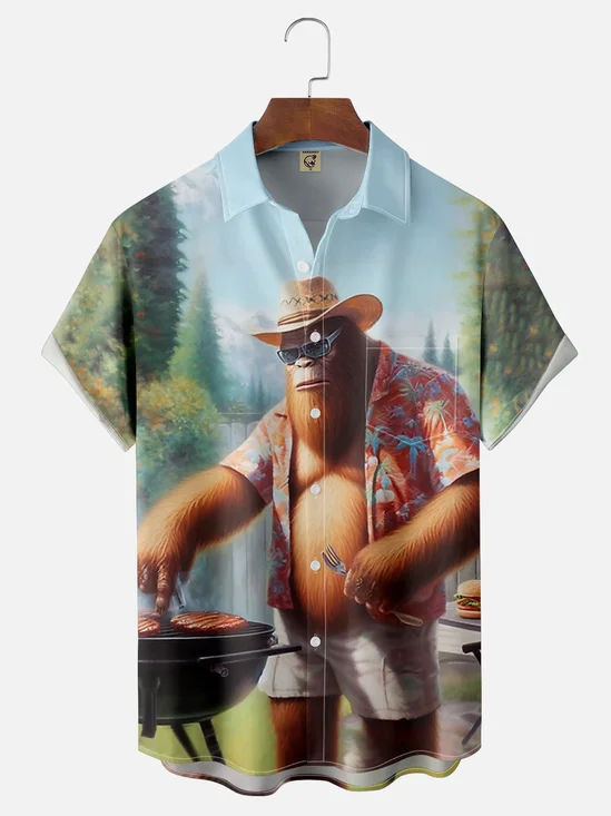 Moisture-wicking Funny Bigfoot BBQ Party Chest Pocket Hawaiian Shirt