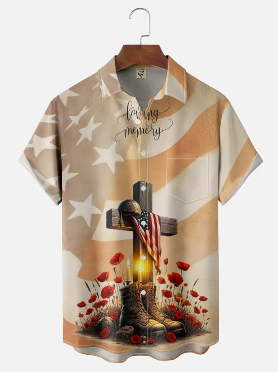 Moisture-wicking Memorial Day American Flag Chest Pocket Casual Shirt
