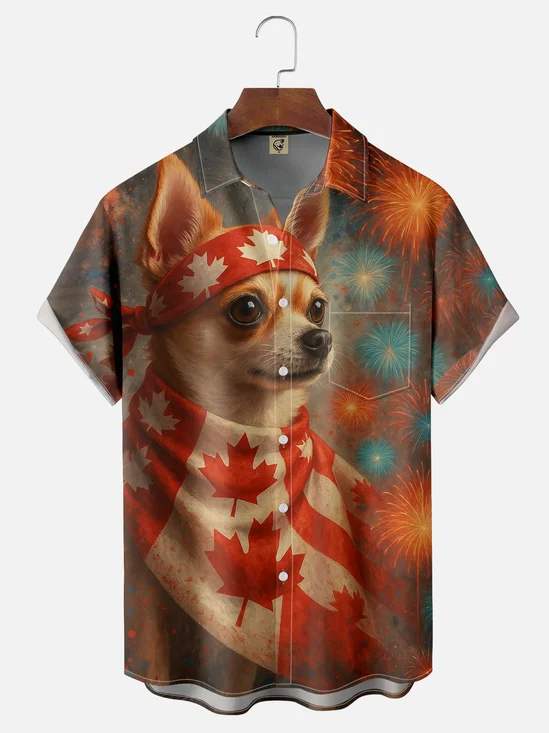 Moisture-wicking Canada Day Funny Canadian Flag Puppy Chest Pocket Casual Shirt