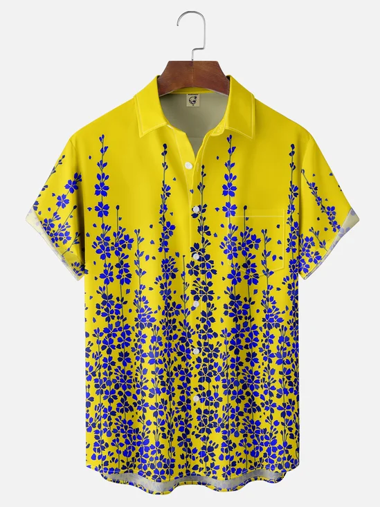 Moisture Wicking Contrast Color Floral Chest Pocket Hawaiian Shirt