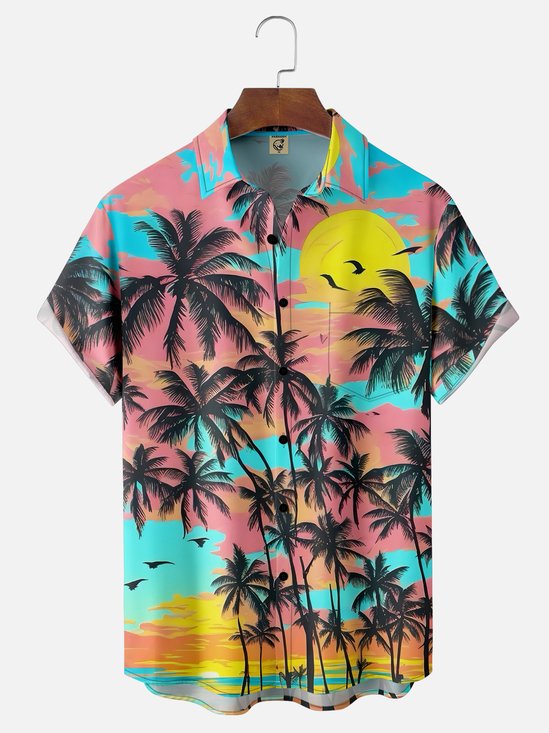 Moisture-wicking Coconut Tree Bird Chest Pocket Hawaiian Shirt