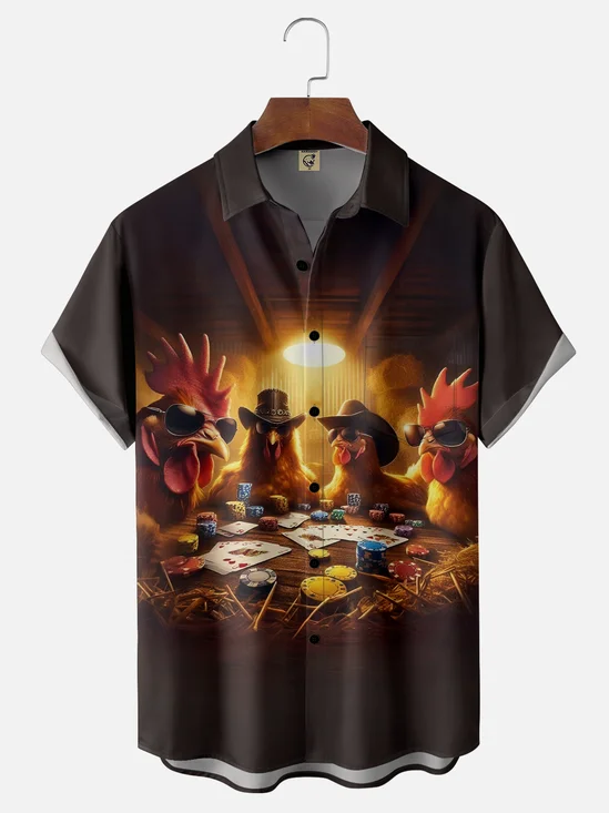 Moisture-wicking Rooster Poker Chip Farm Chest Pocket Casual Shirt