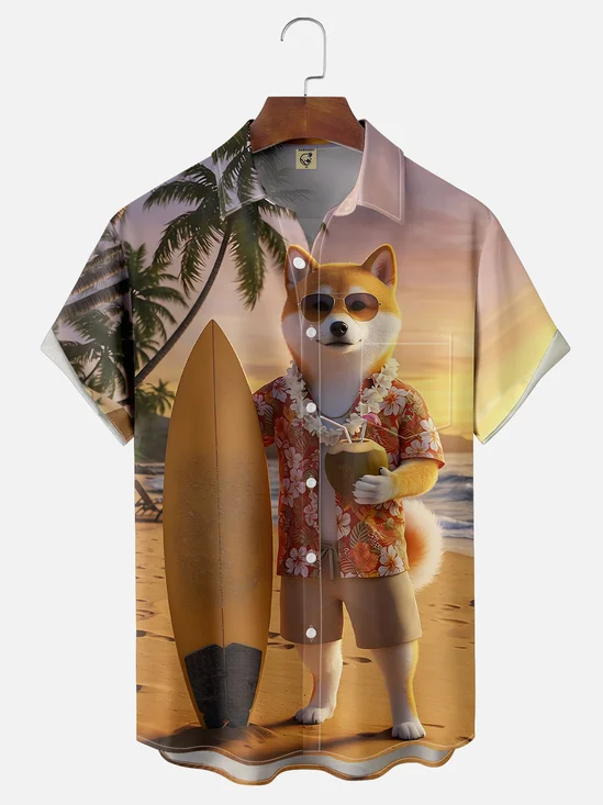 Moisture-wicking Shiba Inu Beach Vacation Fun Chest Pocket Hawaiian Shirt
