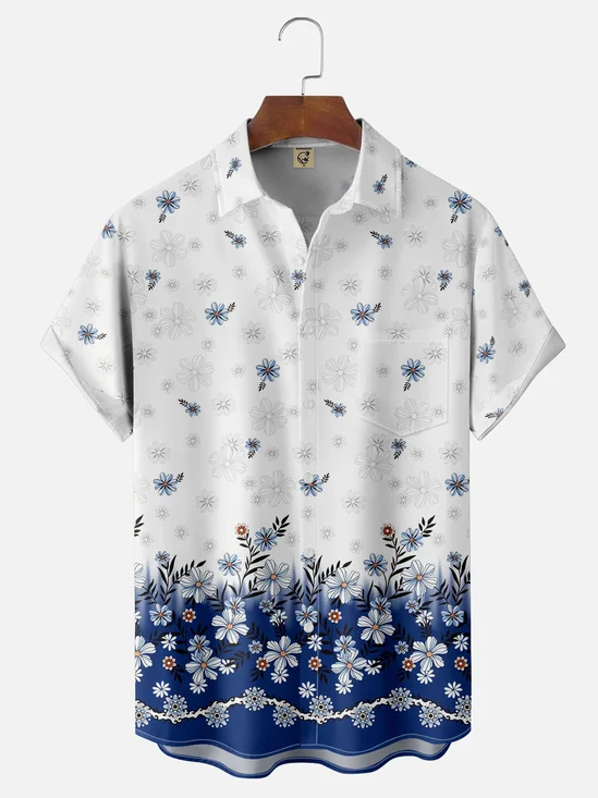 Moisture Wicking Gradient Floral Chest Pocket Hawaiian Shirt