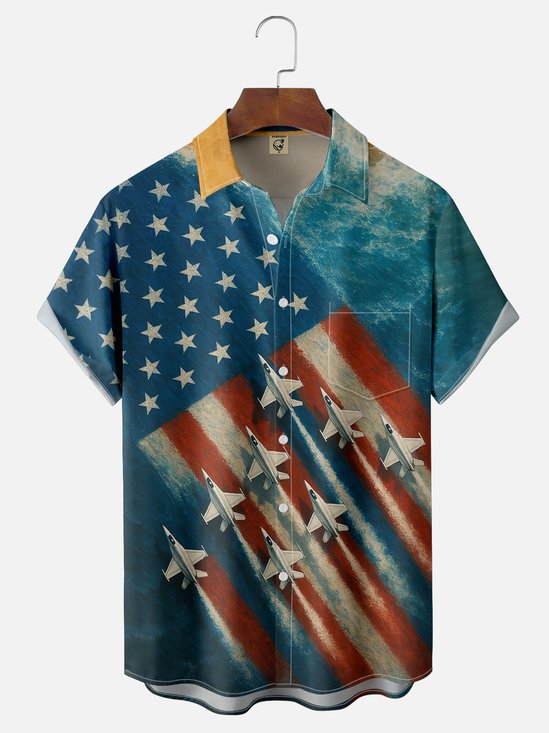 Moisture-wicking American Flag Funny Landscape Beach Stars and Stripes Chest Pocket Casual Shirt