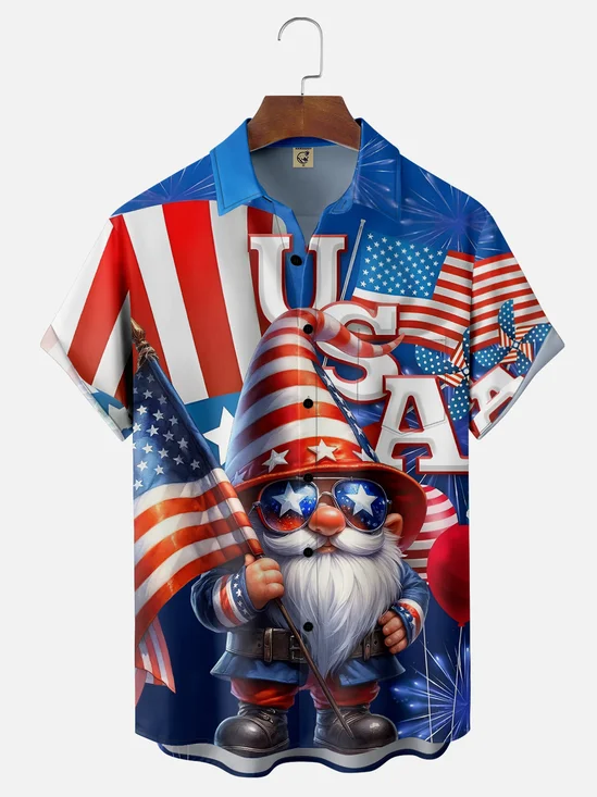 Moisture-wicking Independence Day American Flag Gnome Chest Pocket Casual Shirt