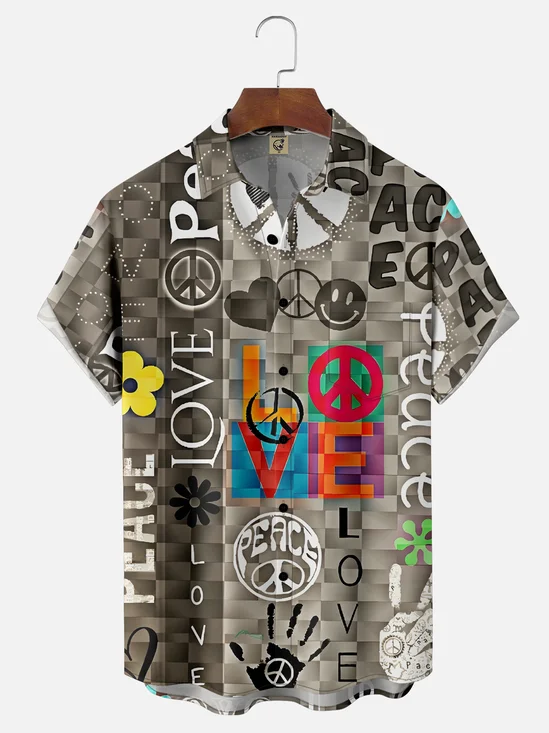 Moisture-wicking Hippie Love and Peace Plaid Chest Pocket Casual Shirt