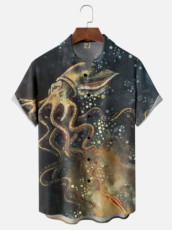 Moisture-wicking Octopus Ocean Retro Chest Pocket Casual Shirt
