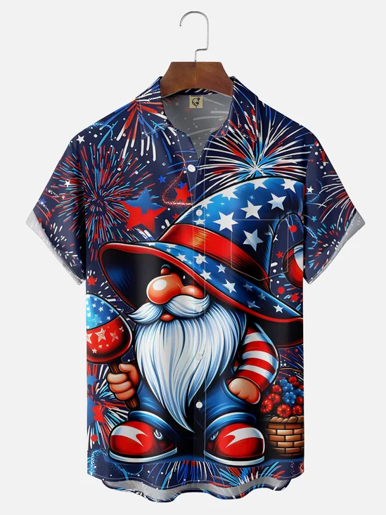 Moisture-wicking Independence Day American Flag Gnome Firework Art Chest Pocket Casual Shirt
