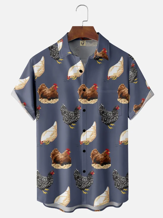 Moisture-wicking Funny Chicken Chest Pocket Hawaiian Shirt