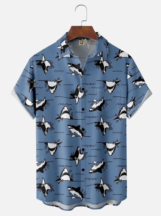 Moisture-wicking Ocean Shark Art Chest Pocket Hawaiian Shirt