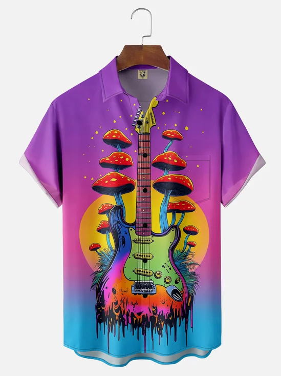 Moisture-wicking Gradient Color Guitar Hippies Chest Pocket Casual Shirt