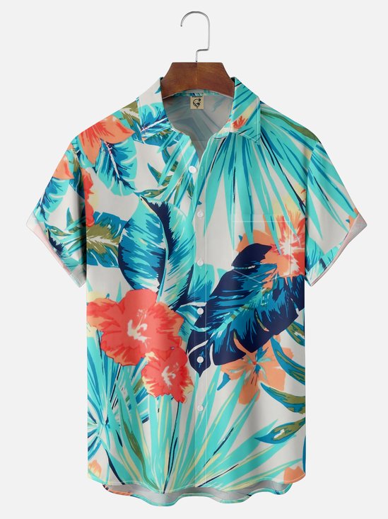 Moisture-wicking Tropical Floral Chest Pocket Hawaiian Shirt