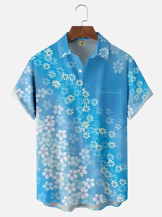 Moisture-wicking Sakura Floral Chest Pocket Hawaiian Shirt