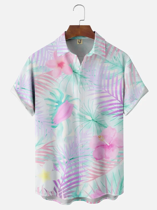 Moisture-wicking Palm Tree Hibiscus Flower Chest Pocket Hawaiian Shirt