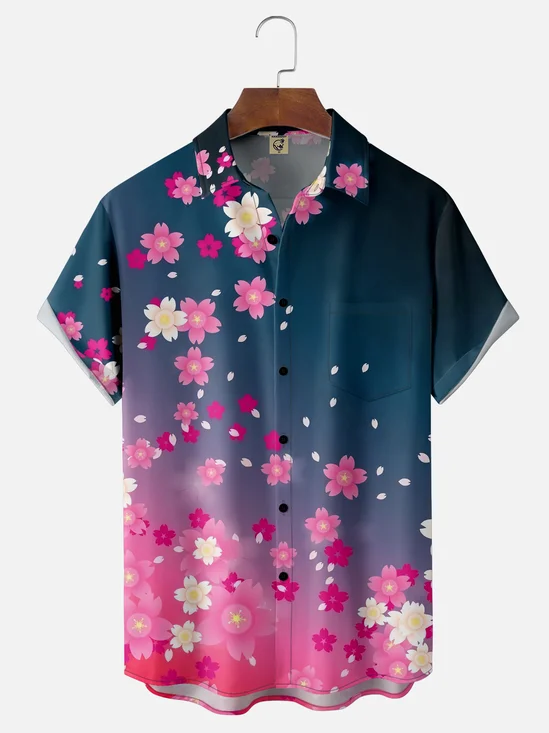 Moisture-wicking Floral Sakura Chest Pocket Hawaiian Shirt