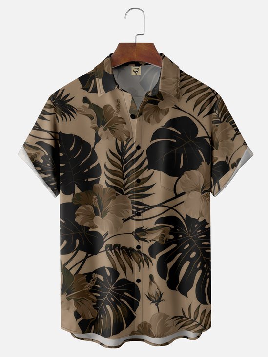 Moisture-wicking Monstera Hibiscus Flower Chest Pocket Hawaiian Shirt