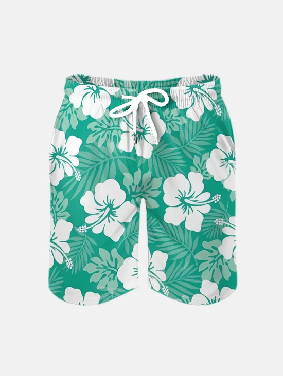 Men's Swim Trunks Hawaiian Tropical Palm Hibiscus Floral Beach Shorts with Pockets