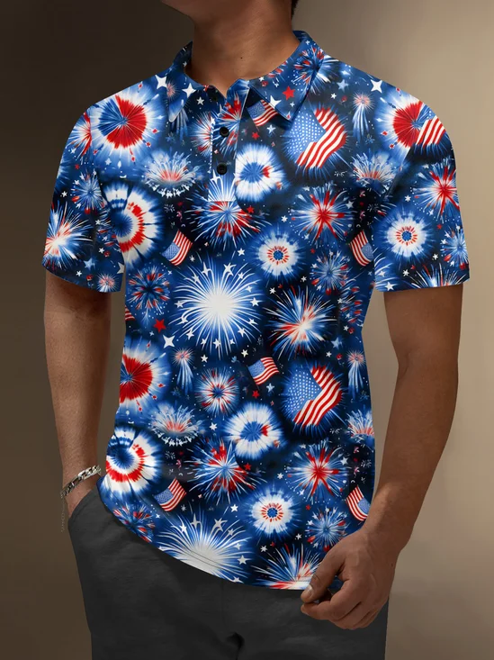 Moisture Wicking Independence Day American Flag Fireworks Golf Polo