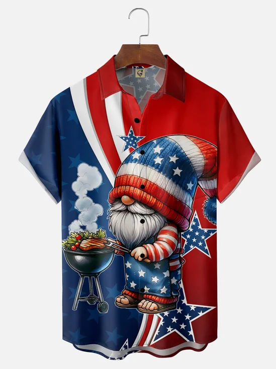 Moisture-wicking Independence Day Gnome Barbecue Chest Pocket Casual Shirt