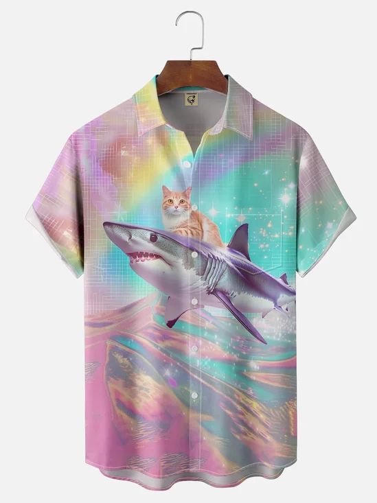 Moisture-wicking Shark Rider Cat Chest Pocket Hawaiian Shirt