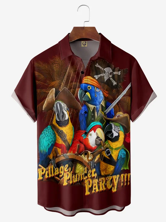 Tall Size Moisture-wicking Pirate Parrots Chest Pocket Hawaiian Shirt