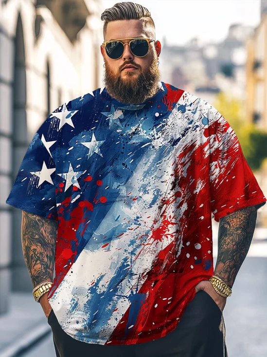Big Size Men's Independence Day American Flag Art Loose T-shirt