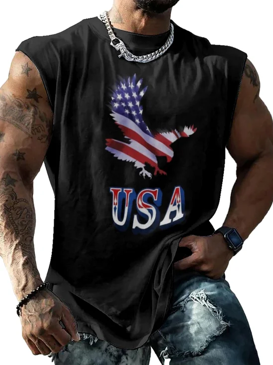 Mens Crewneck Tank Tops American Flag USA Beach Sleeveless Shirt