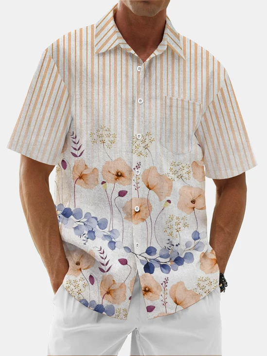 Moisture Wicking Stripes Floral Floral Chest Pocket Hawaiian Shirt