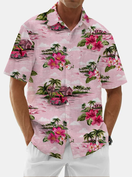 Moisture Wicking Plants Flowers Vintage Cars Chest Pockets Hawaiian Shirt
