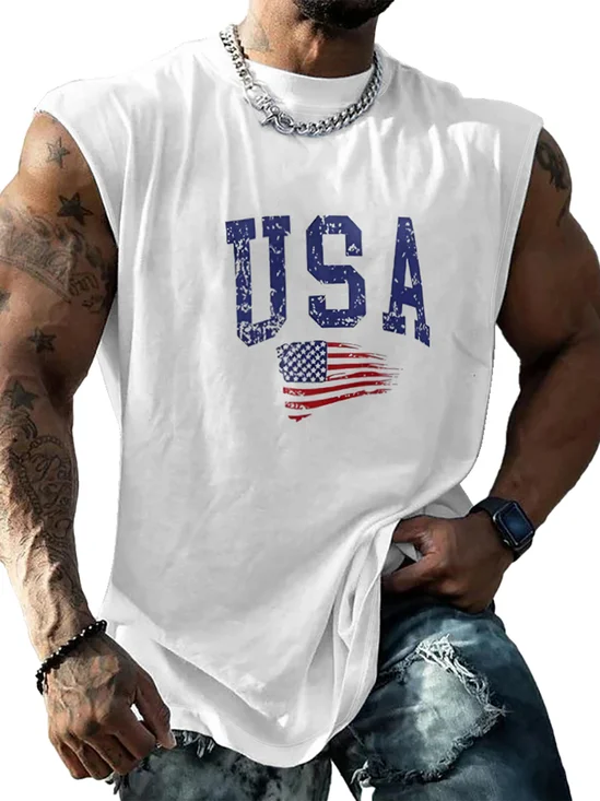 Mens Crewneck Tank Tops American Flag USA Beach Sleeveless Shirt