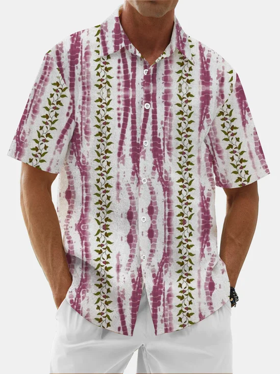 Moisture Wicking Gradient Stripes Floral Chest Pocket Hawaiian Shirt