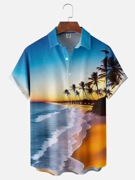 Tall Size Moisture-wicking Palm Tree Chest Pocket Hawaiian Shirt