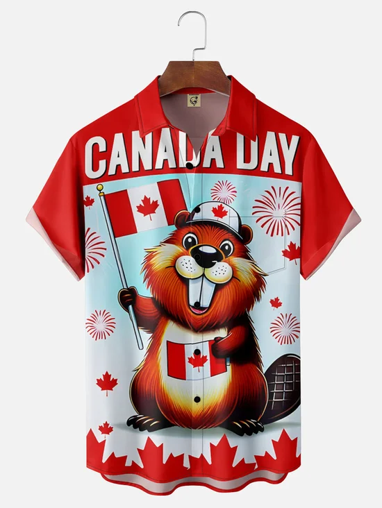 Tall Size Moisture-wicking Canada Day American Beaver Maple Leaf Chest Pocket Hawaiian Shirt
