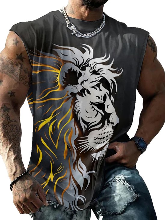 Mens Crewneck Tank Tops Lion Beach Sleeveless Shirt