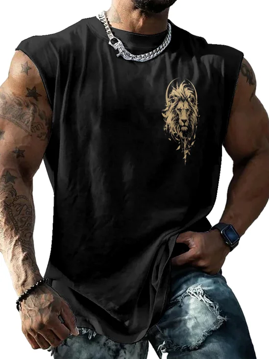 Mens Crewneck Tank Tops Lion Beach Sleeveless Shirt