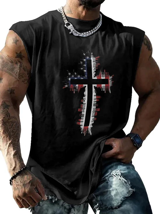 Mens Crewneck Tank Tops American Flag Cross Beach Sleeveless Shirt