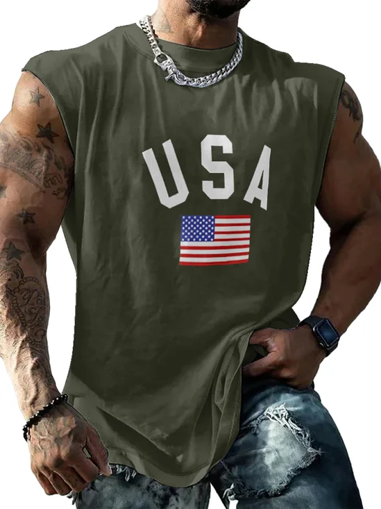 Mens Crewneck Tank Tops American Flag USA Beach Sleeveless Shirt