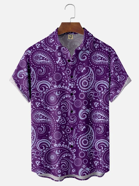 Tall Size Moisture-wicking Paisley Floral Chest Pocket Casual Shirt