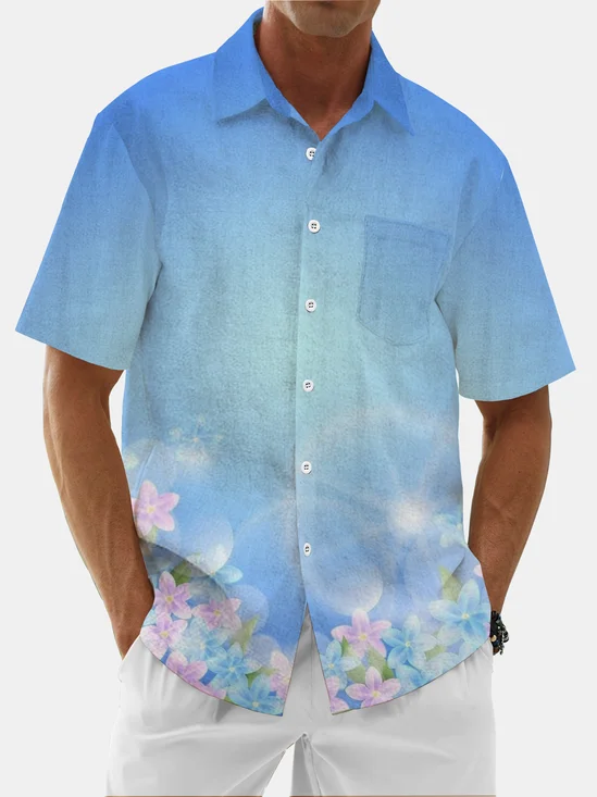 Moisture Wicking Gradient Floral Chest Pocket Hawaiian Shirt
