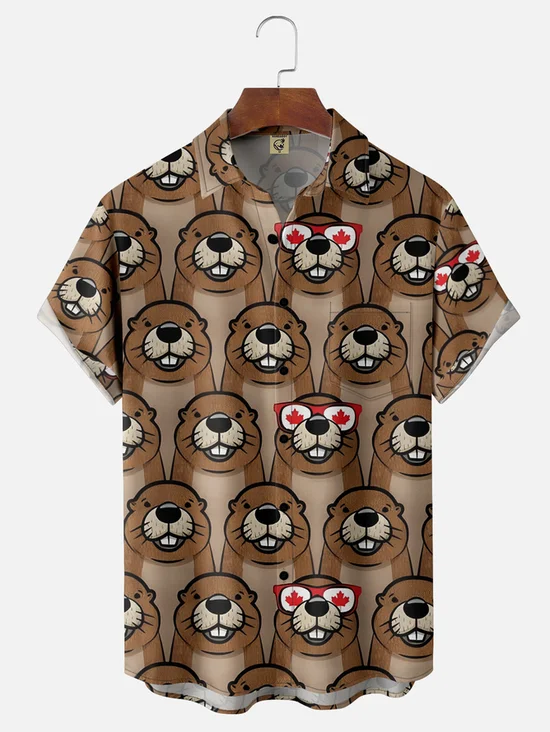 Tall Size Moisture-wicking Canada Day American Beaver Maple Leaf Chest Pocket Hawaiian Shirt