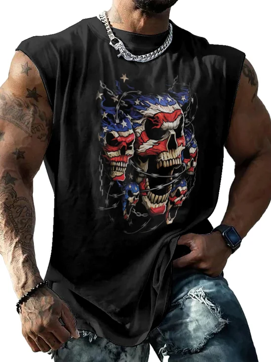 Mens Crewneck Tank Tops American Flag Skull Beach Sleeveless Shirt