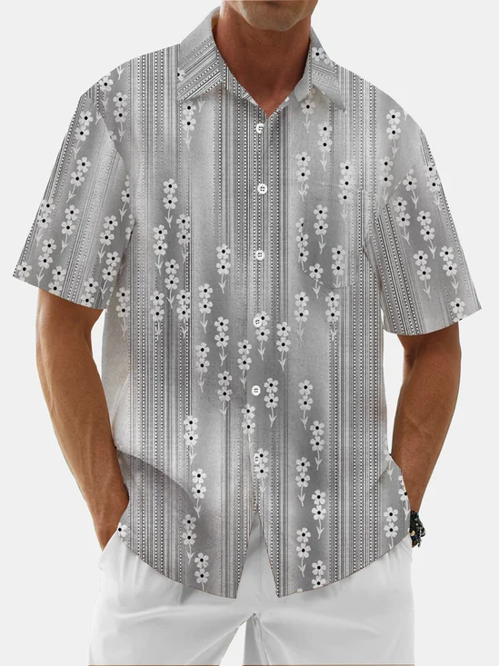 Moisture Wicking Stripes Botanicals Chest Pocket Hawaiian Shirt